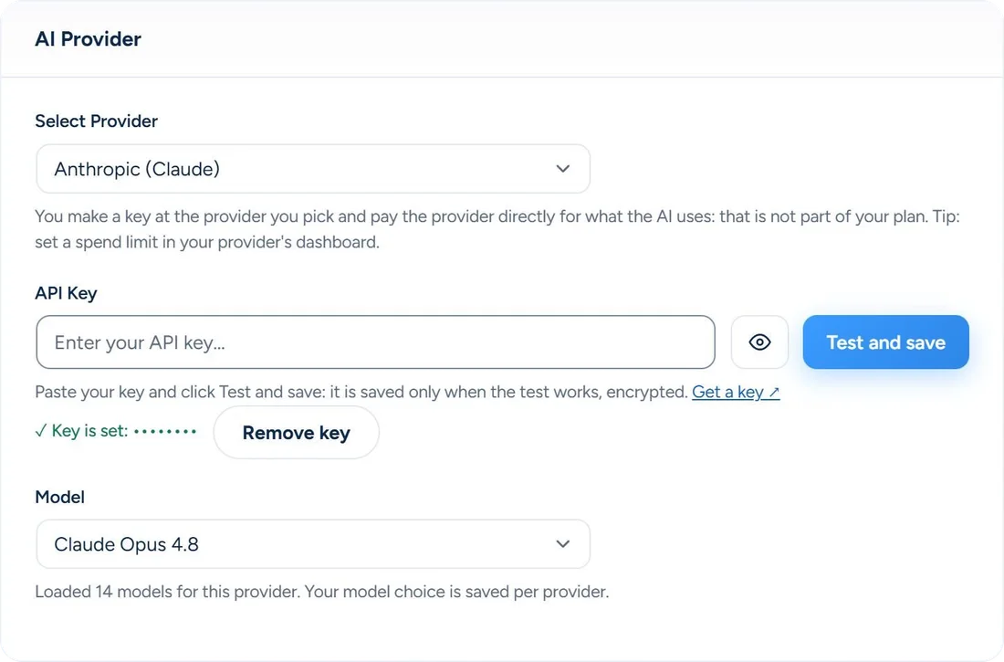 The AI Provider settings of SEO & Chill: Anthropic (Claude) chosen, a field for your own API key with Test and save, the key set and hidden, and the model Claude Opus 4.8 from the 14 models of that provider