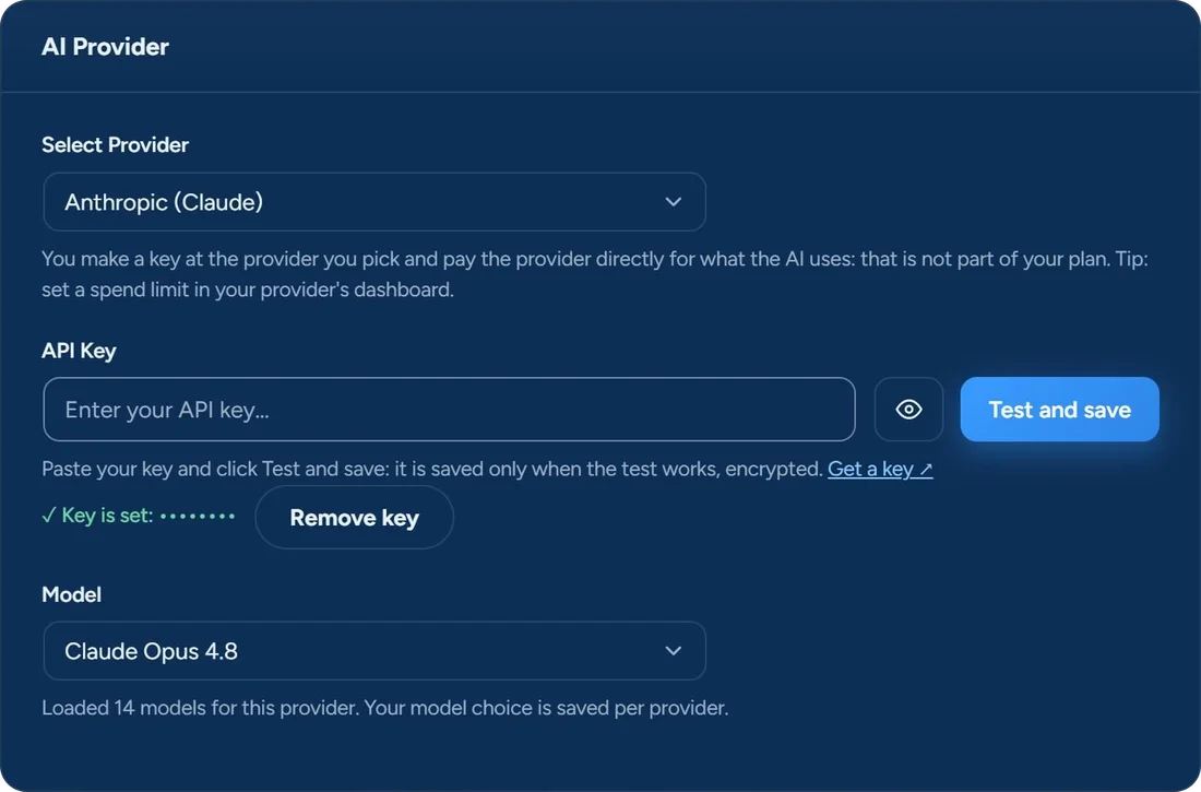 The AI Provider settings of SEO & Chill: Anthropic (Claude) chosen, a field for your own API key with Test and save, the key set and hidden, and the model Claude Opus 4.8 from the 14 models of that provider