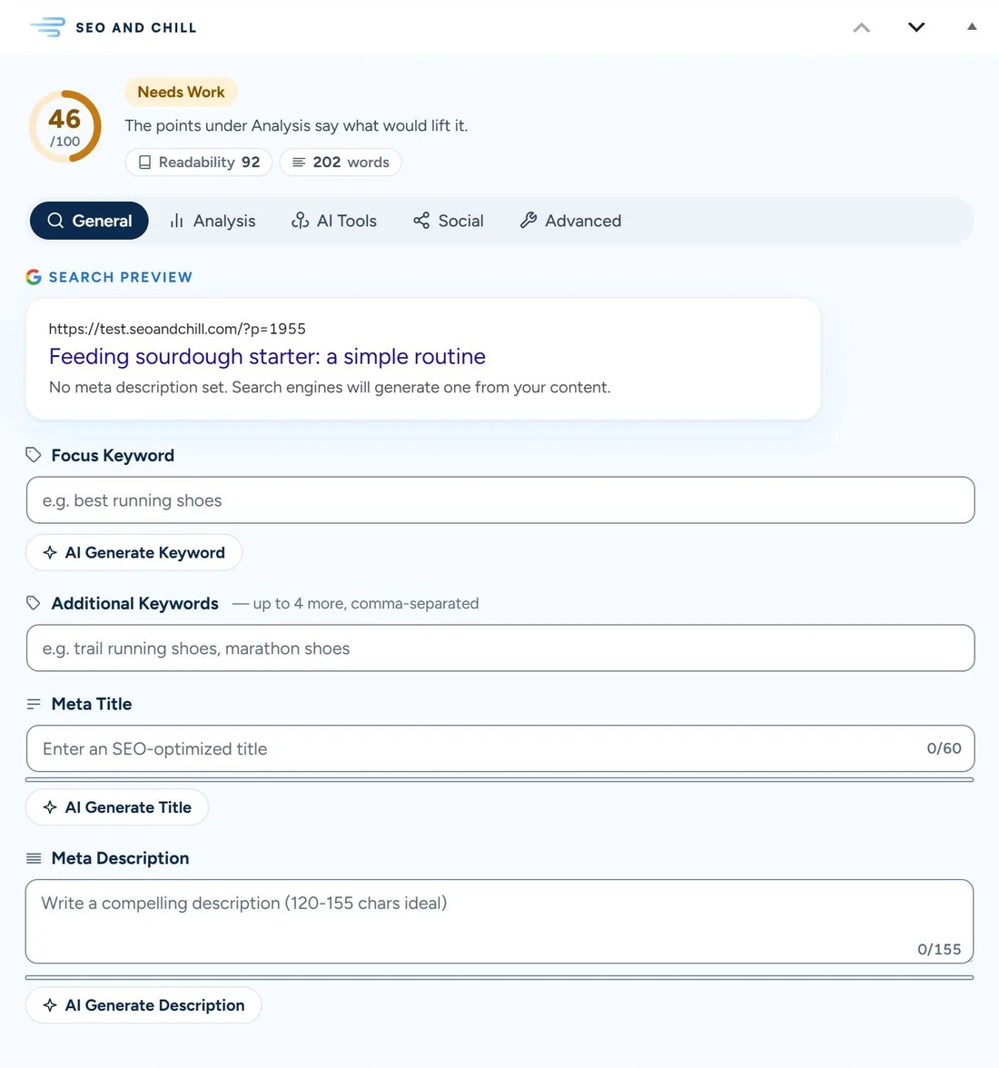 Before: the SEO box under the post Feeding sourdough starter: a simple routine, score 46, Needs Work, no meta description in the search preview, and empty Focus Keyword, Meta Title and Meta Description fields, each with its AI Generate button