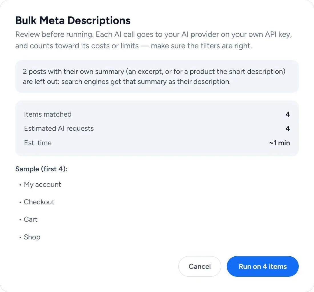 Before Bulk Meta Descriptions starts, AI Writer shows what it will do: 2 posts with their own summary are left out, 4 items matched, 4 AI requests, about 1 minute, the first 4 items by name, and the buttons Cancel and Run on 4 items