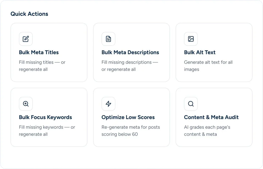 Quick Actions in AI Writer of SEO & Chill: Bulk Meta Titles, Bulk Meta Descriptions, Bulk Alt Text, Bulk Focus Keywords, Optimize Low Scores and Content & Meta Audit