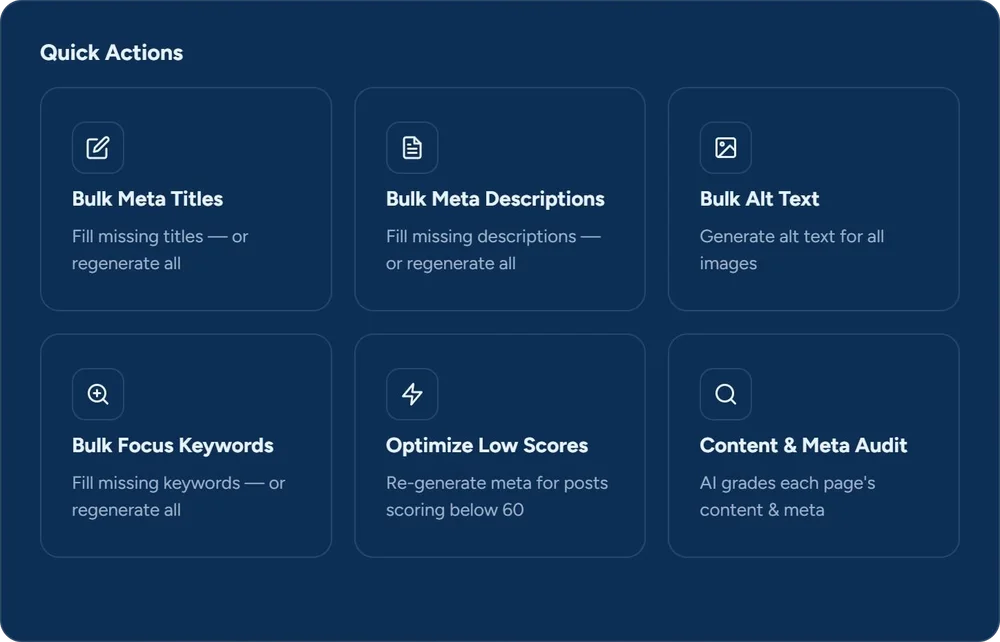 Quick Actions in AI Writer of SEO & Chill: Bulk Meta Titles, Bulk Meta Descriptions, Bulk Alt Text, Bulk Focus Keywords, Optimize Low Scores and Content & Meta Audit