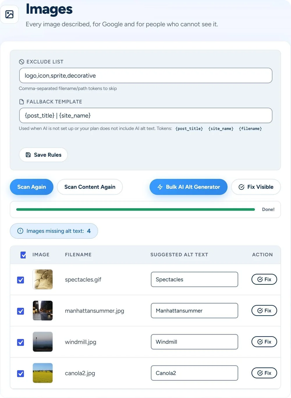 The Images screen of SEO & Chill after a scan of the media library on our test site: the exclude list and fallback template, the buttons Bulk AI Alt Generator and Fix Visible, 4 images missing alt text, and for each one a suggestion from its file name with a Fix button