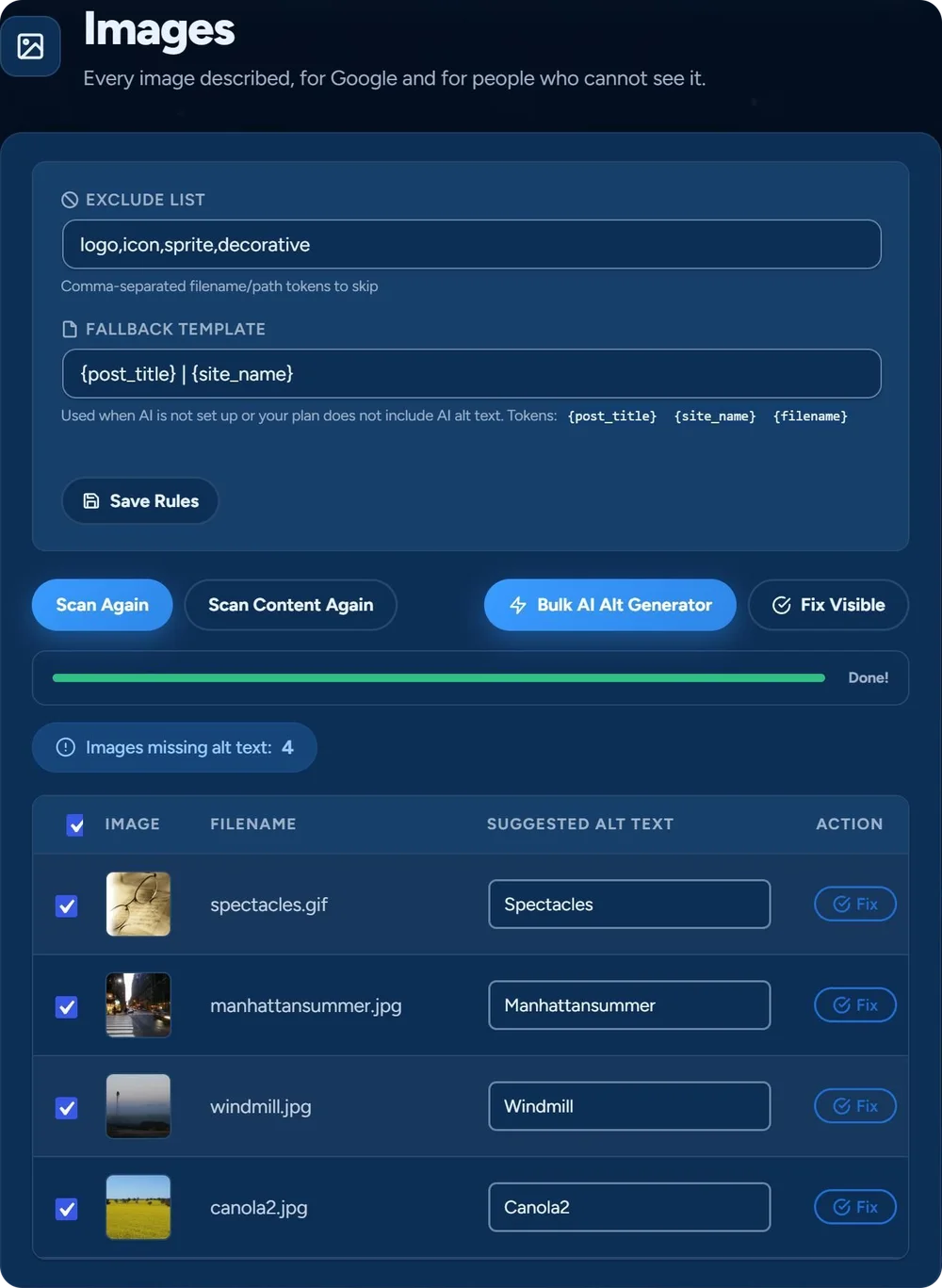 The Images screen of SEO & Chill after a scan of the media library on our test site: the exclude list and fallback template, the buttons Bulk AI Alt Generator and Fix Visible, 4 images missing alt text, and for each one a suggestion from its file name with a Fix button