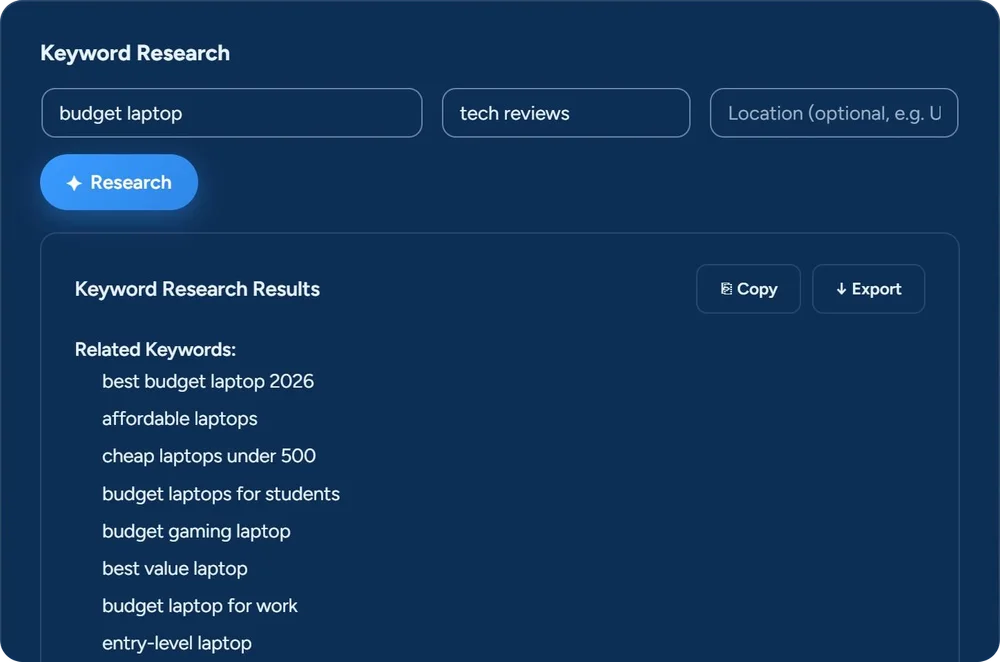 Keyword Research in SEO & Chill on our test site: the seed topic budget laptop with the niche tech reviews, the Research button, and the first related keywords from the AI, such as best budget laptop 2026, cheap laptops under 500 and budget laptops for students, with Copy and Export