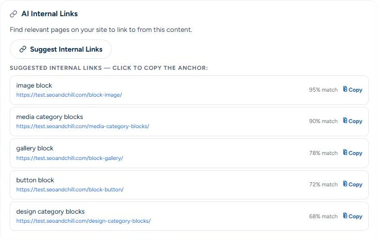 AI Internal Links in the SEO box under the post Block: Cover on our test site: after Suggest Internal Links, five pages to link to, each with its anchor text, its address and a match score from 95% to 68%, and a Copy button for the anchor
