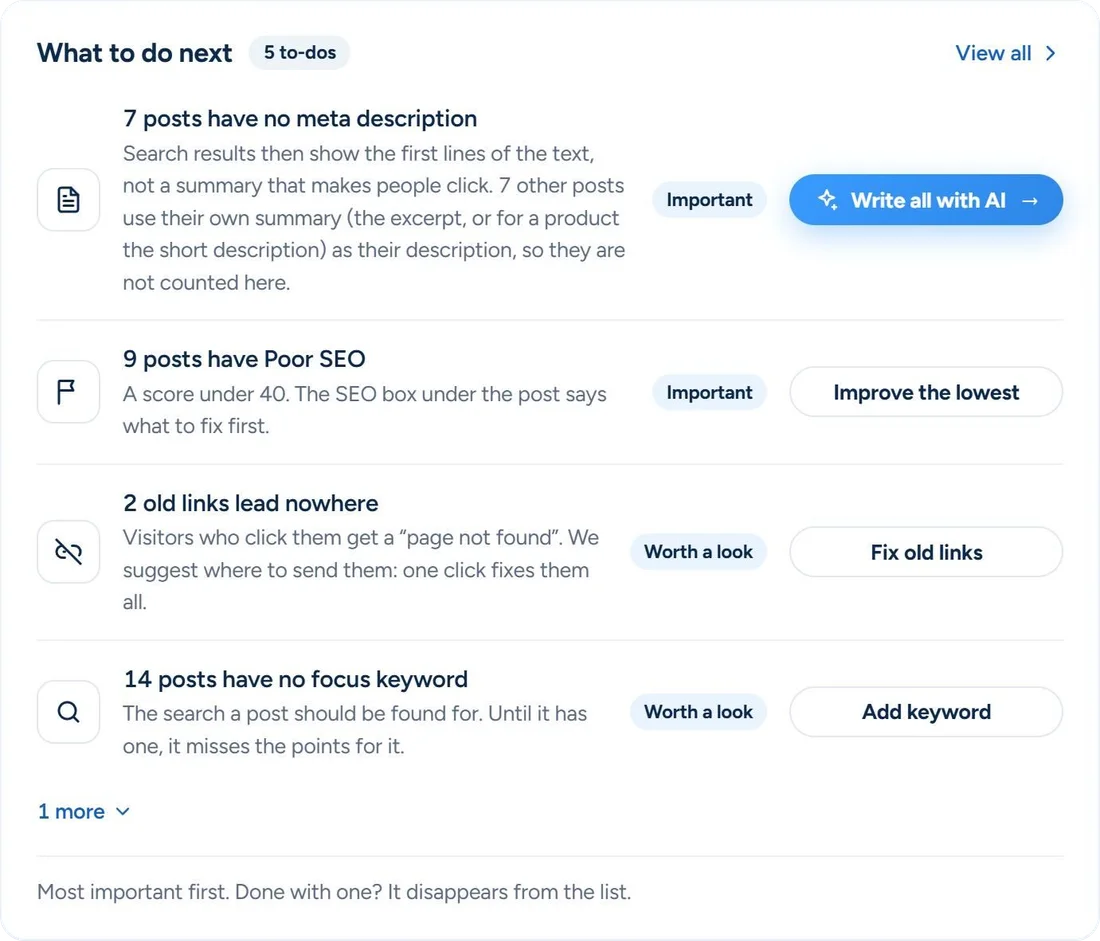 What to do next on Home in SEO & Chill: 7 posts have no meta description, 9 posts have Poor SEO, 2 old links lead nowhere and 14 posts have no focus keyword, each with its fix (example numbers)