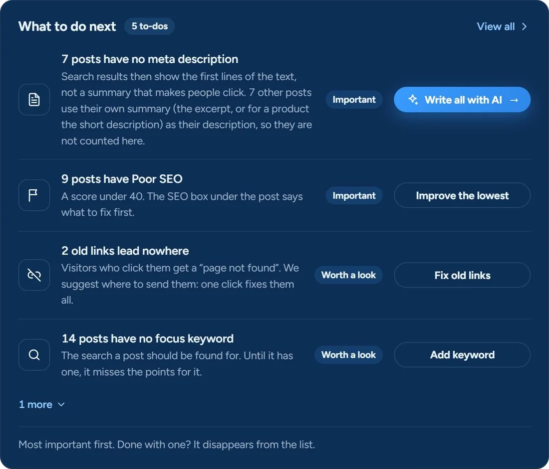 What to do next on Home in SEO & Chill: 7 posts have no meta description, 9 posts have Poor SEO, 2 old links lead nowhere and 14 posts have no focus keyword, each with its fix (example numbers)