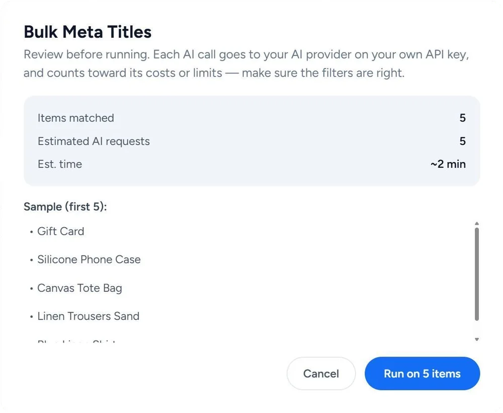AI Writer in SEO & Chill on our test shop, with only Products picked in the filter: before Bulk Meta Titles starts, it shows 5 items matched, 5 AI requests and about 2 minutes, the products Gift Card, Silicone Phone Case, Canvas Tote Bag, Linen Trousers Sand and Blue Linen Shirt, and the buttons Cancel and Run on 5 items