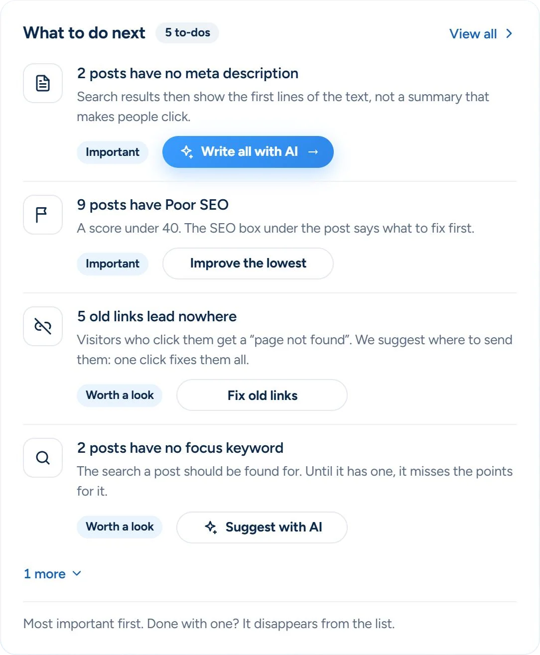 The SEO & Chill dashboard in WordPress: a to-do list with 2 posts without a meta description, 9 posts with poor SEO and 5 old links, each with a one-click fix
