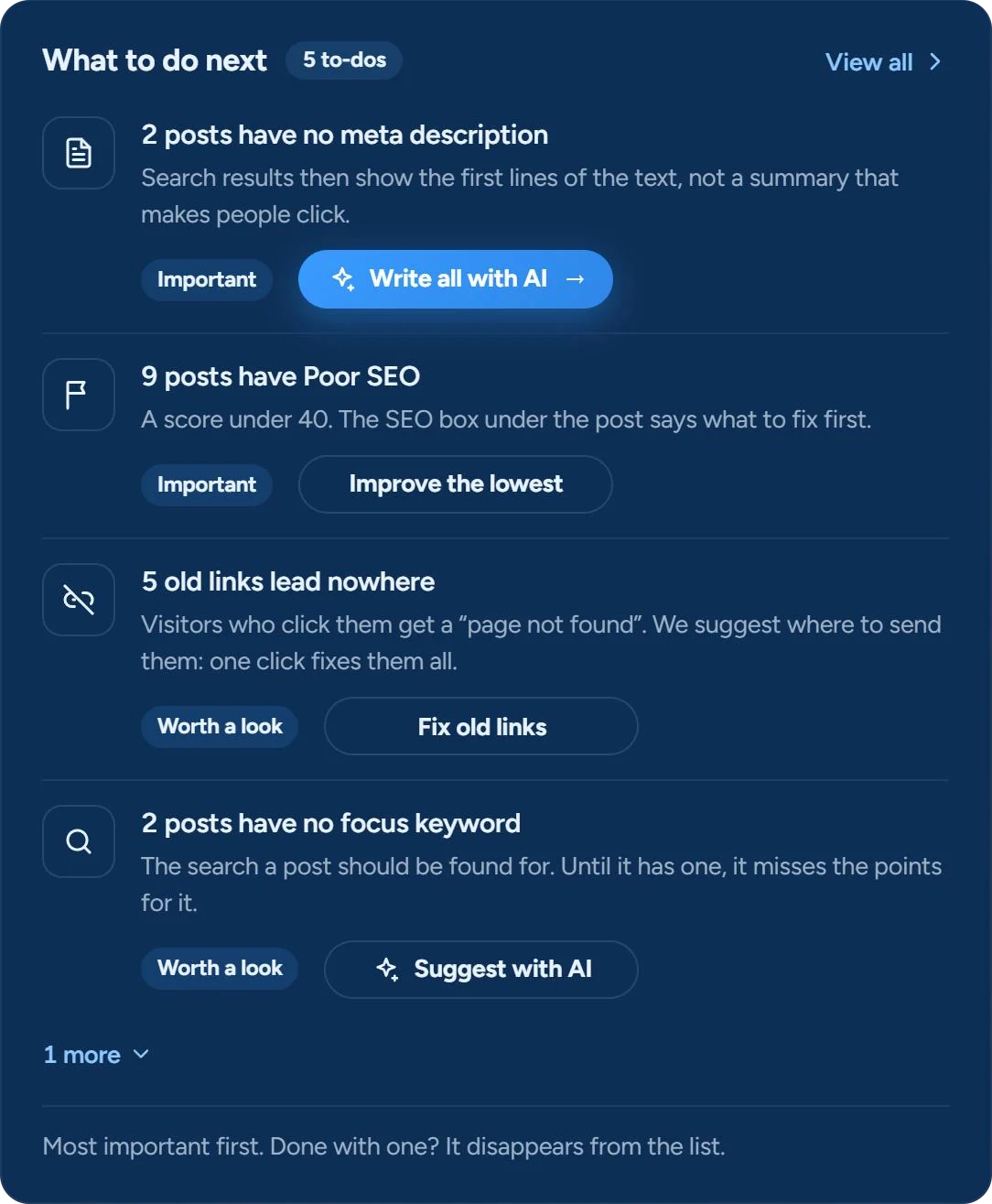 The SEO & Chill dashboard in WordPress: a to-do list with 2 posts without a meta description, 9 posts with poor SEO and 5 old links, each with a one-click fix
